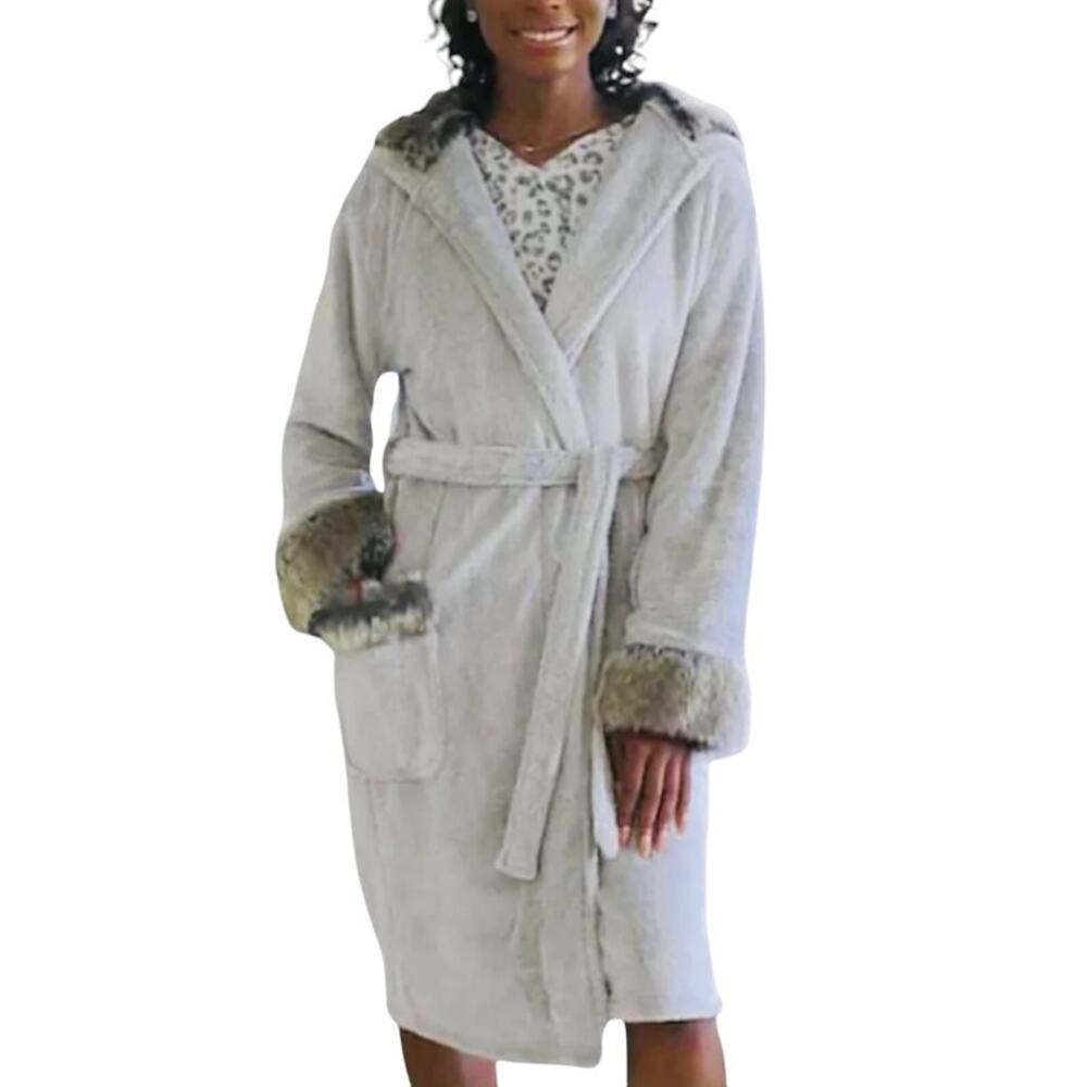 The Royal Standard M Womens Gray Zurich Luxe Robe Faux Fur Trim Hood